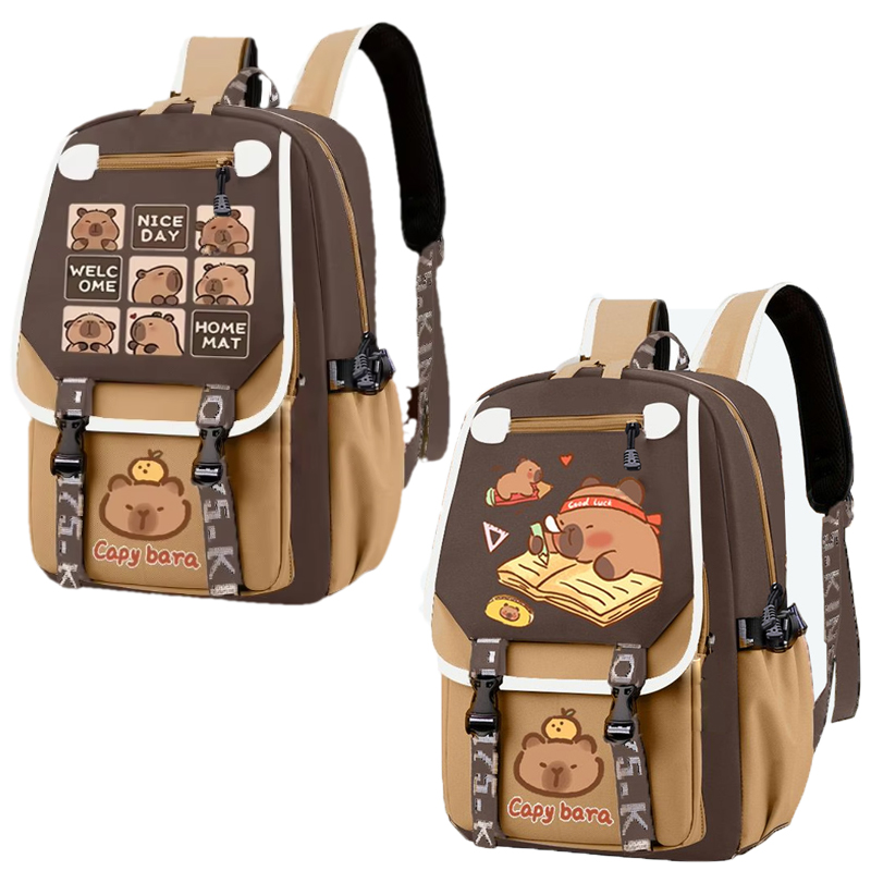 School Backpack Teen - Kawaii Capybara Stylish Khaki Kid Backpack