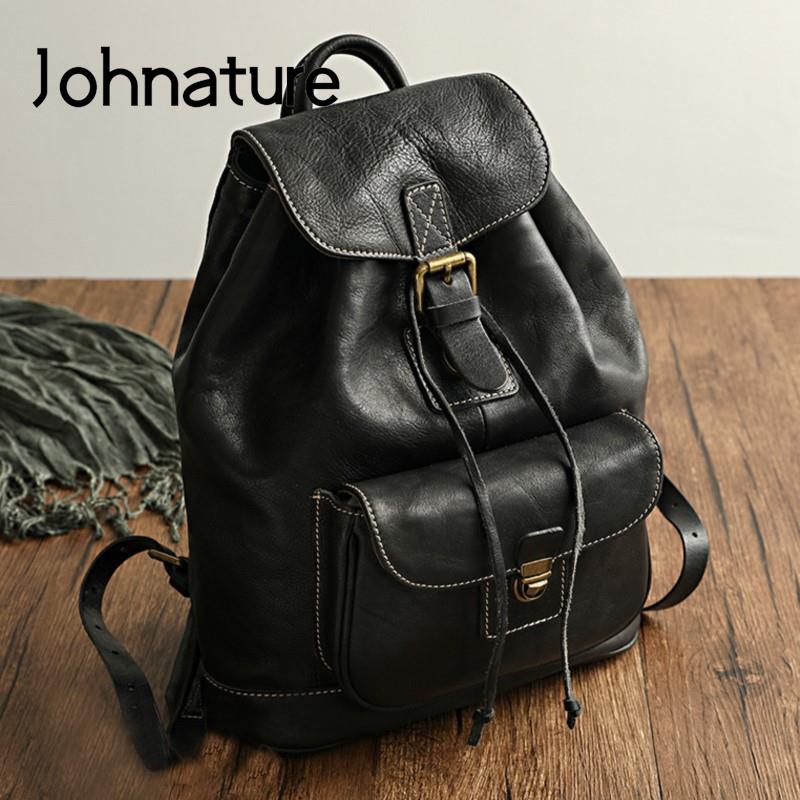 Leather Backpack Vintage - Johnature Leisure Travel Bag Natural Real