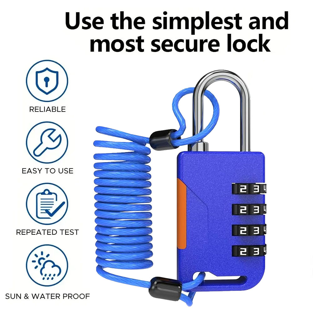 Travel Backpack Anti Theft - 4 Digit Combination Padlock with Retractable